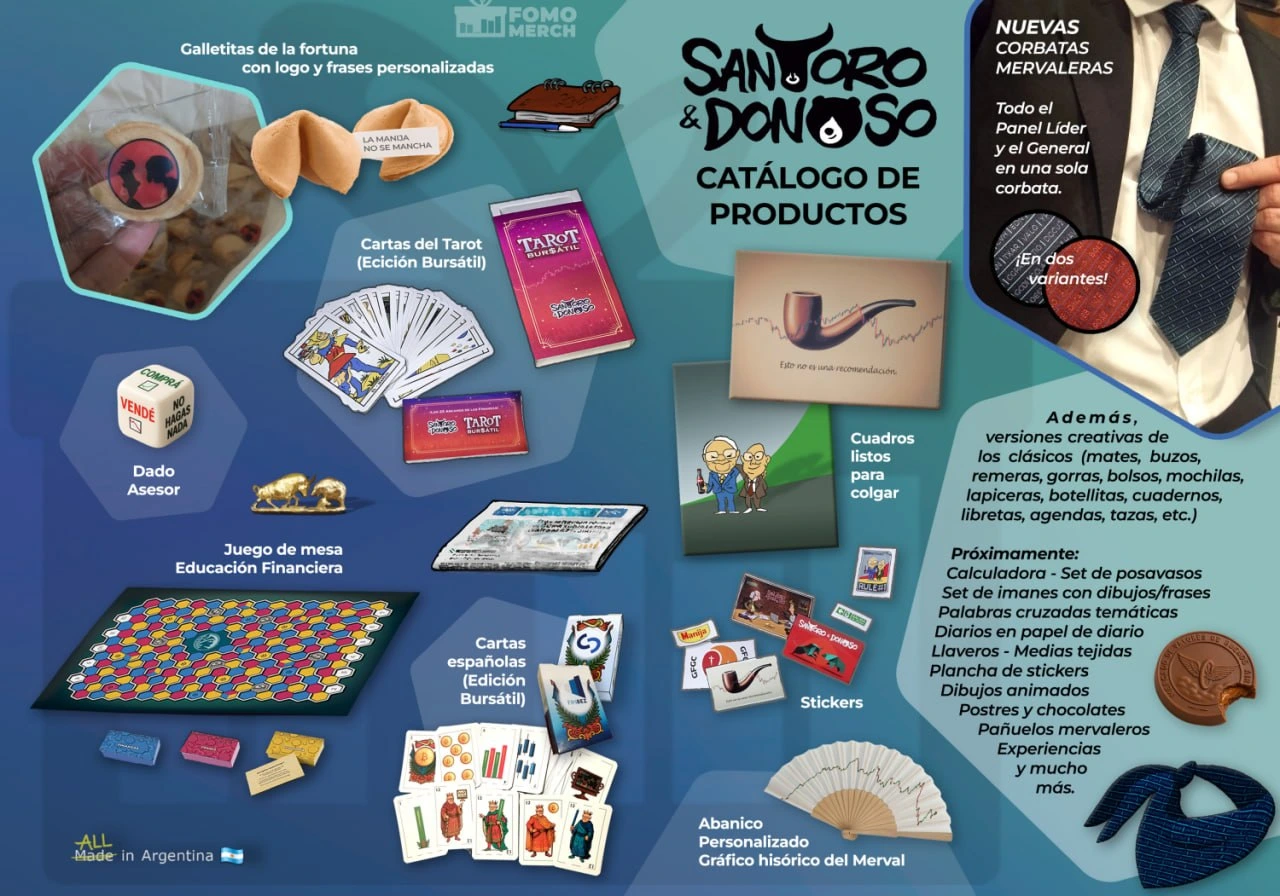 Flyer completo del catálogo FOMO Merch de Santoro y Donoso