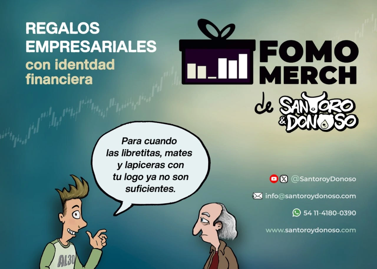 FOMO Merch de Santoro y Donoso: regalos empresariales con identidad financiera y sus personajes de humor bursátil